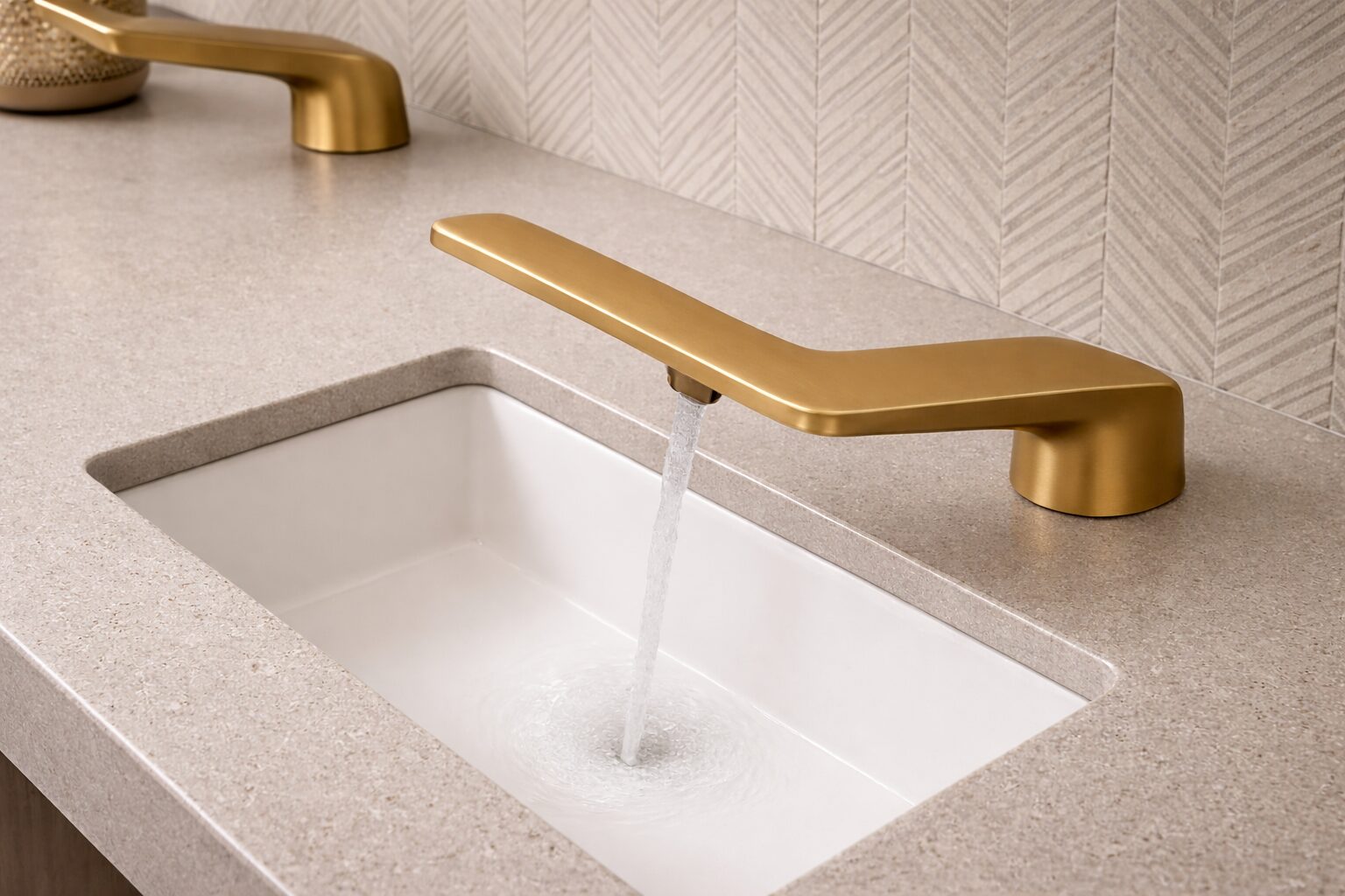 Modern automatic faucet installed on a clean bathroom sink