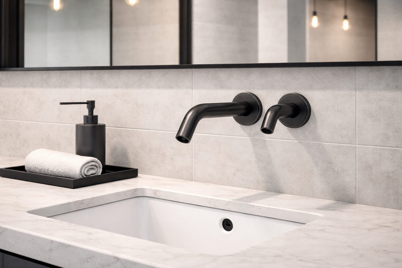 Luxury gold single hole bathroom faucet in a modern bathroom setting