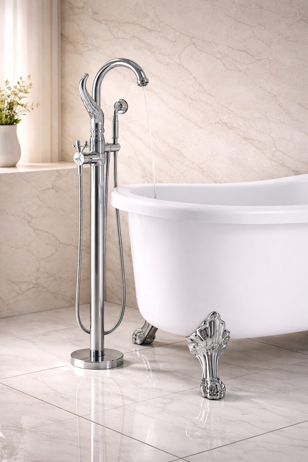 Freestanding faucet placement next to a standalone bathtub in a modern bathroom
