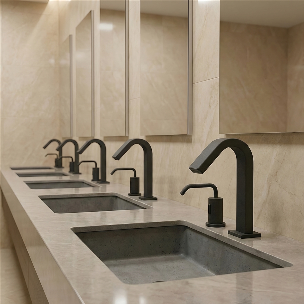 Arena restroom fitted with multiple commercial sensor faucets during peak event traffic