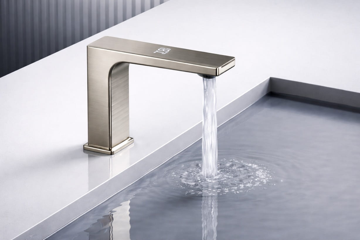 Busy transit hub restroom featuring durable touchless faucet installations