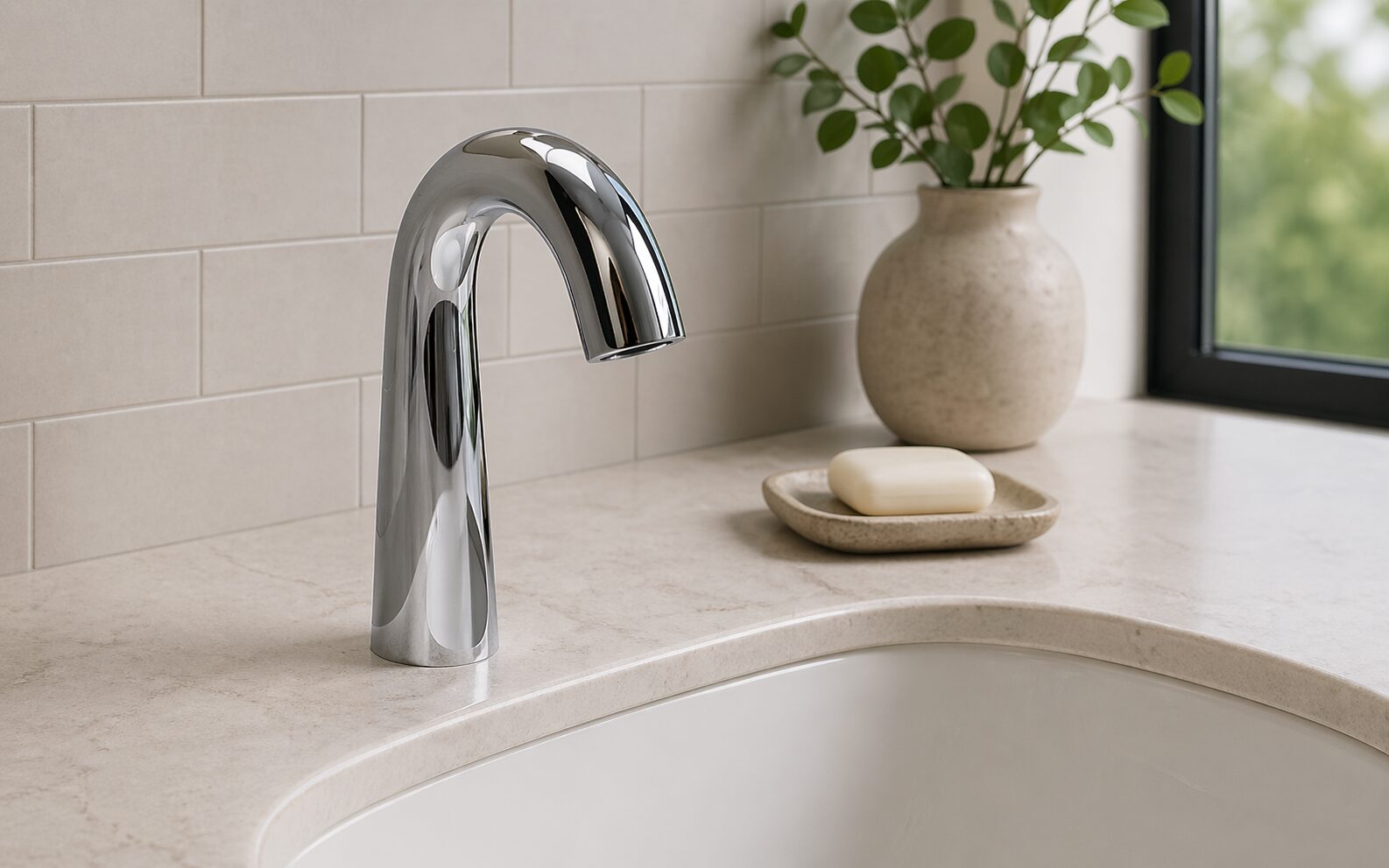 Chicago Faucets EVR touchless faucet with a durable commercial body
