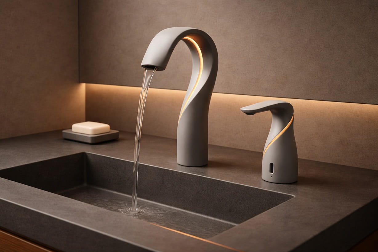 Architectural rendering of a high-traffic restroom with touchless Fontana fixtures