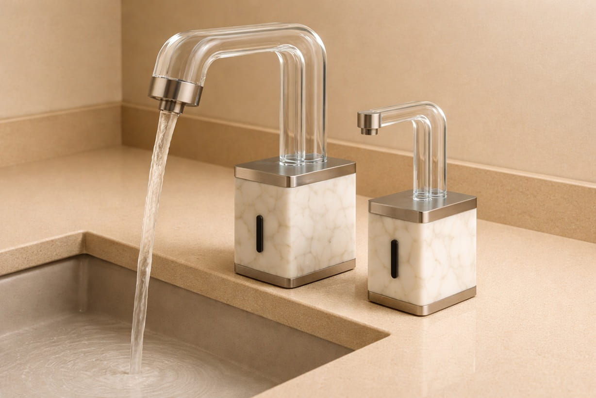 Close-up view of a touchless faucet sensor in a bright airport restroom