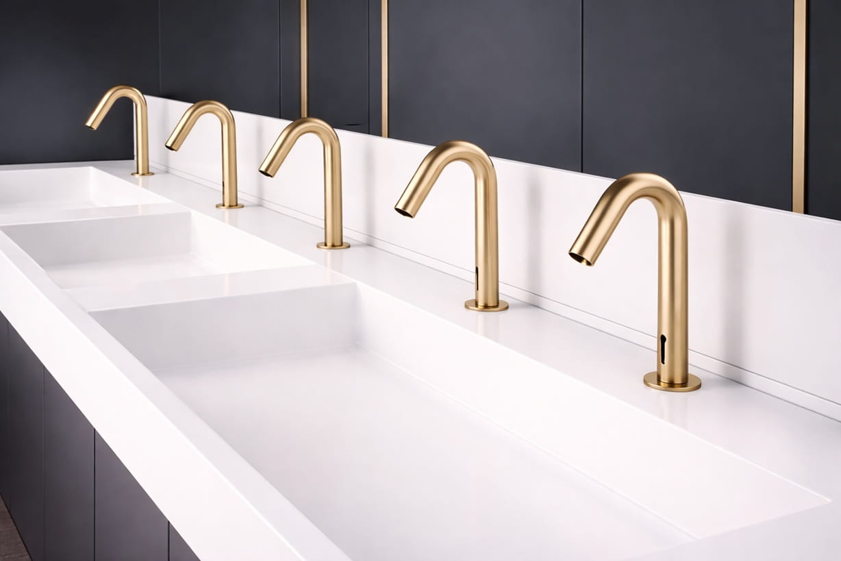 Commercial restroom design featuring integrated touchless sink and soap systems