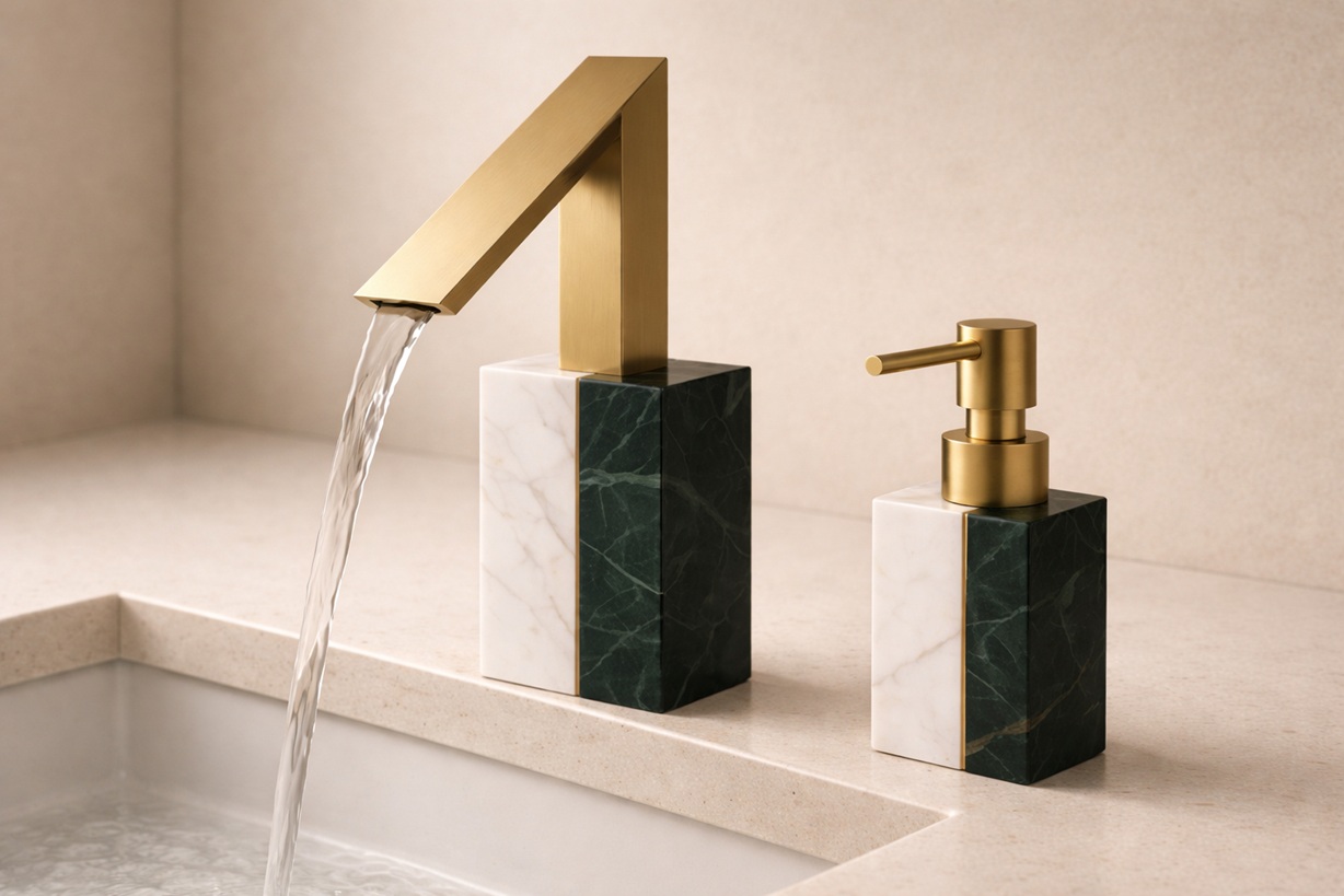 Modern sink basin with integrated sensor technology and reflective architectural surfaces