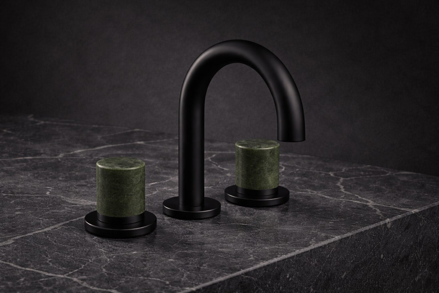 Close-up of brushed stainless steel faucet finish in a clean bathroom