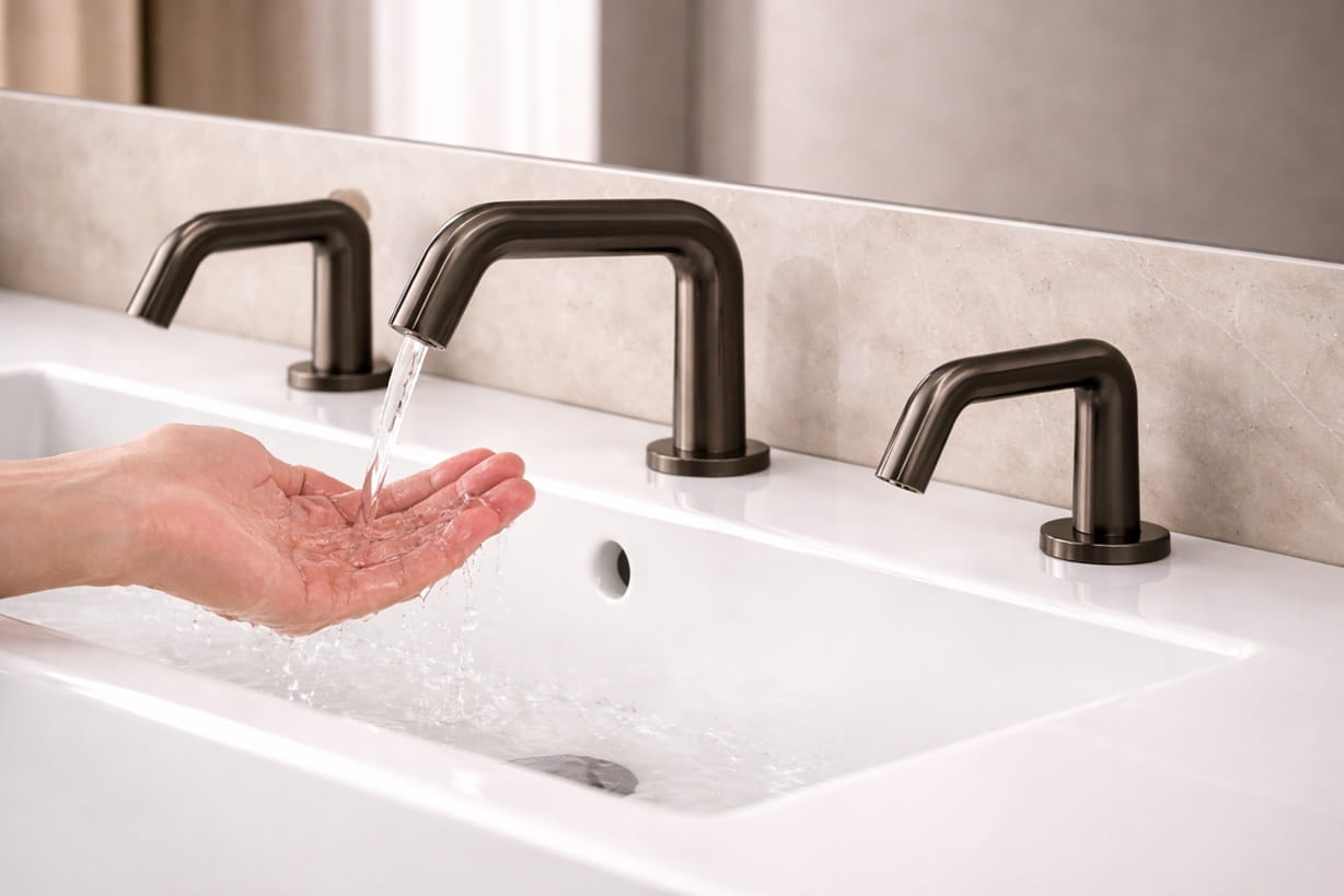 World-class luxury hotel restroom with engineered commercial touchless faucet performance