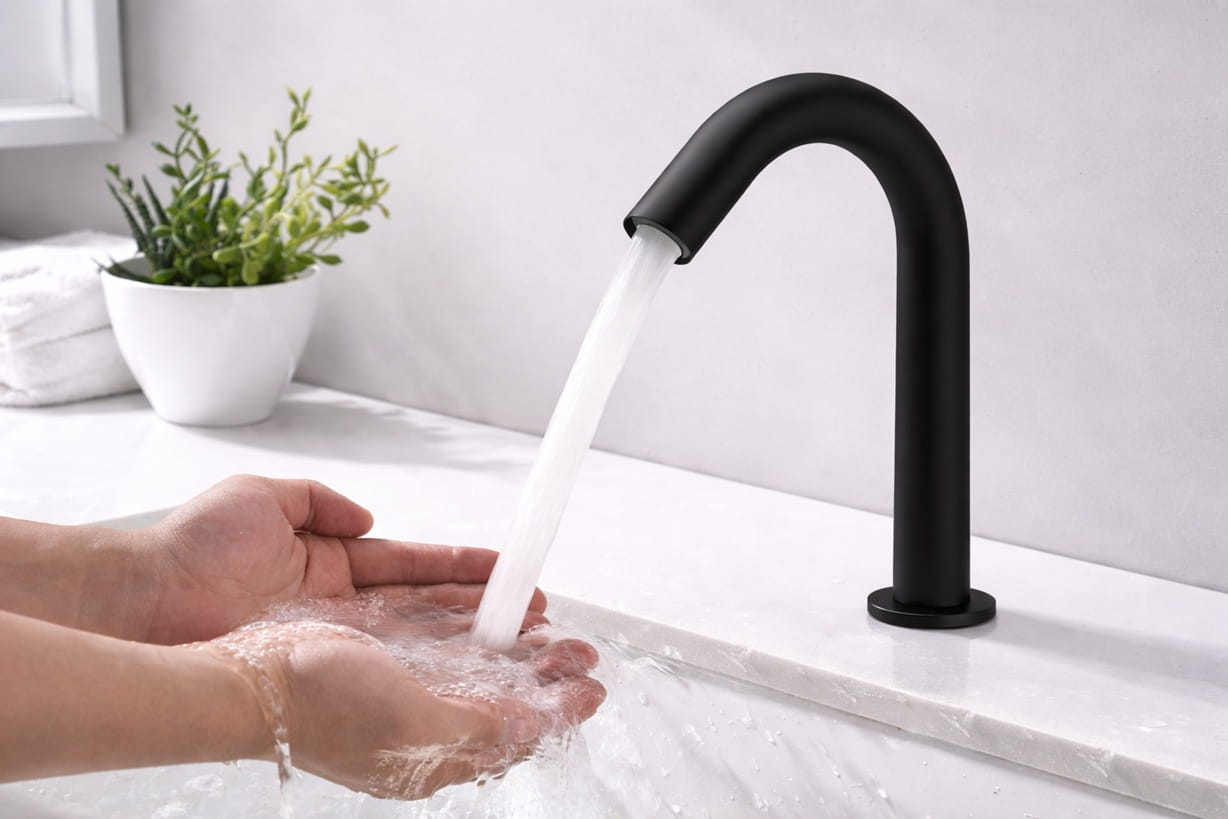 Modern government building restroom with durable touchless fixtures and accessibility design