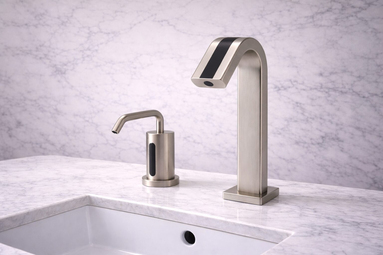 Modern commercial bathroom sink area with durable faucet installation