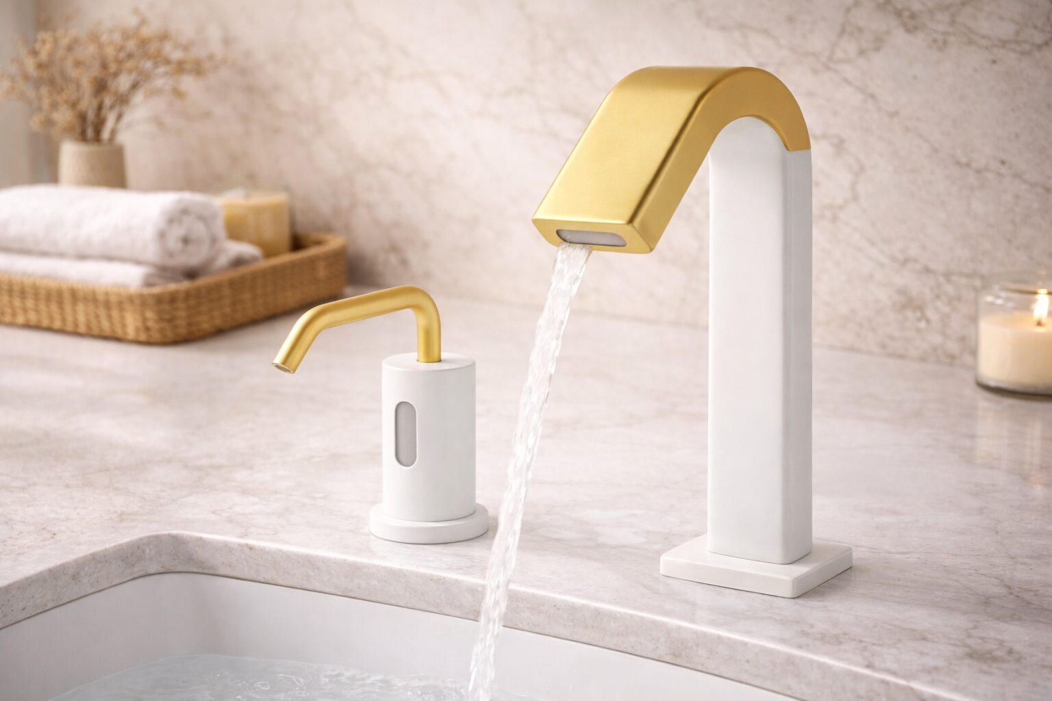 Hands being washed under an automatic sensor faucet in a commercial restroom