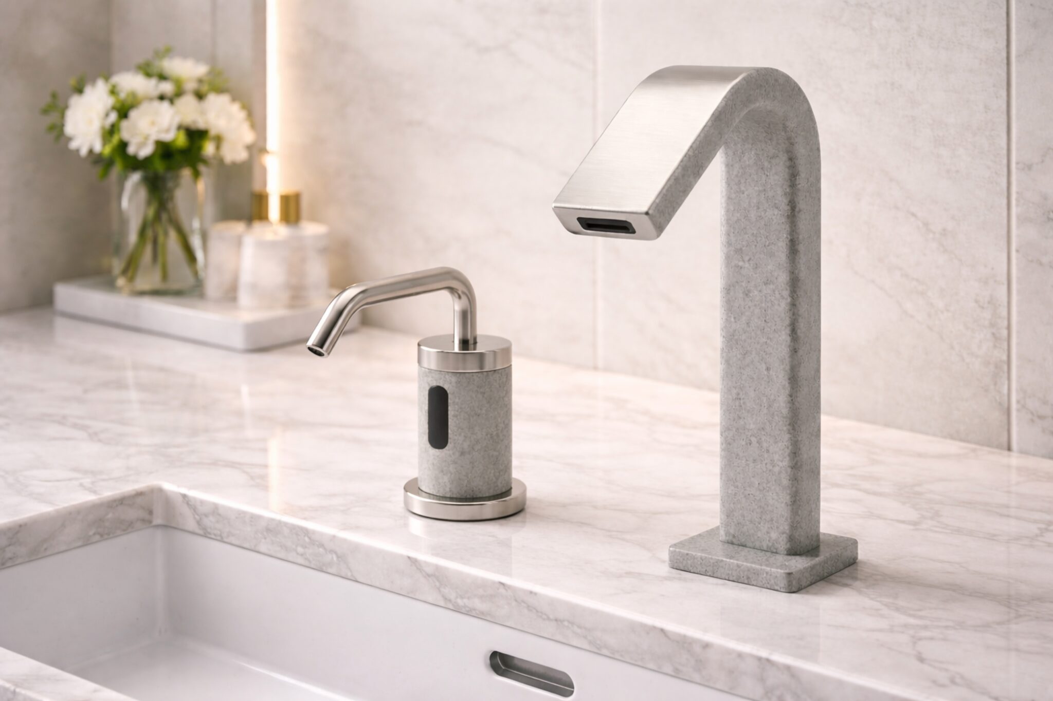 Maintenance staff checking a commercial touchless soap dispenser