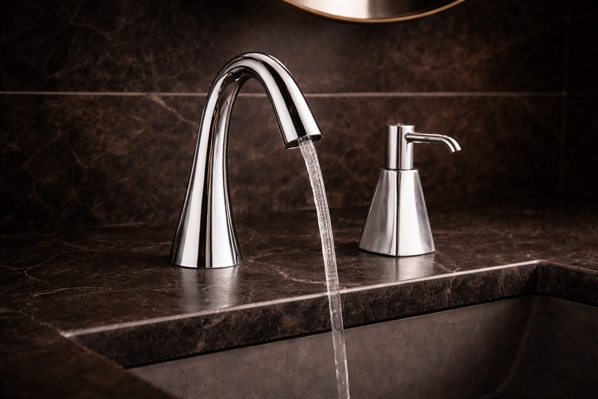 Future-focused smart building restroom concept with integrated touchless plumbing systems