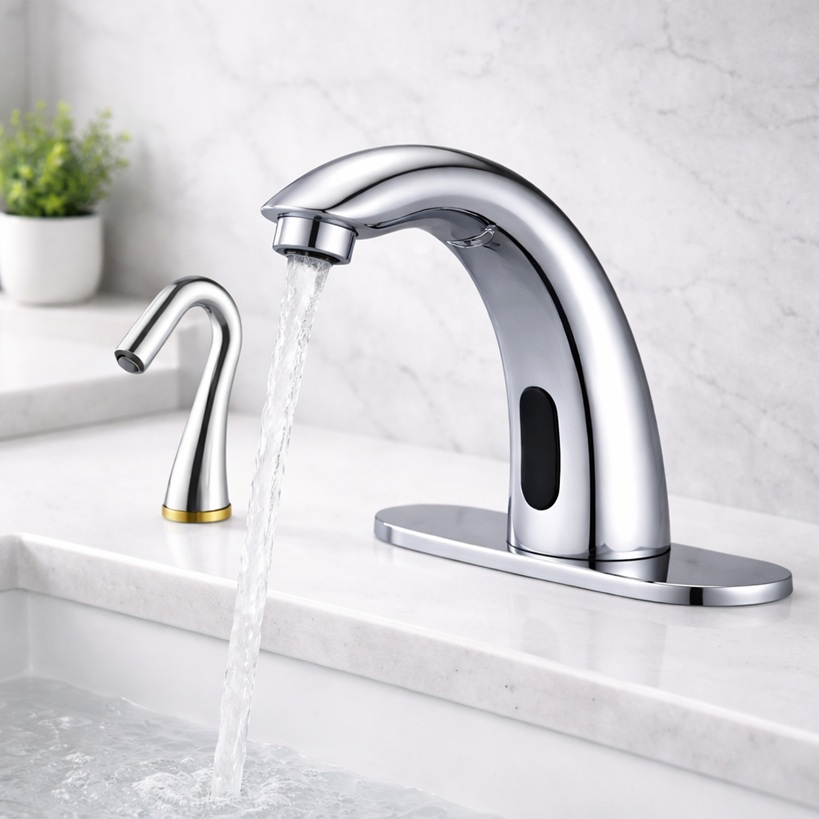 Upscale hospitality restroom featuring elegant and durable touchless sink hardware