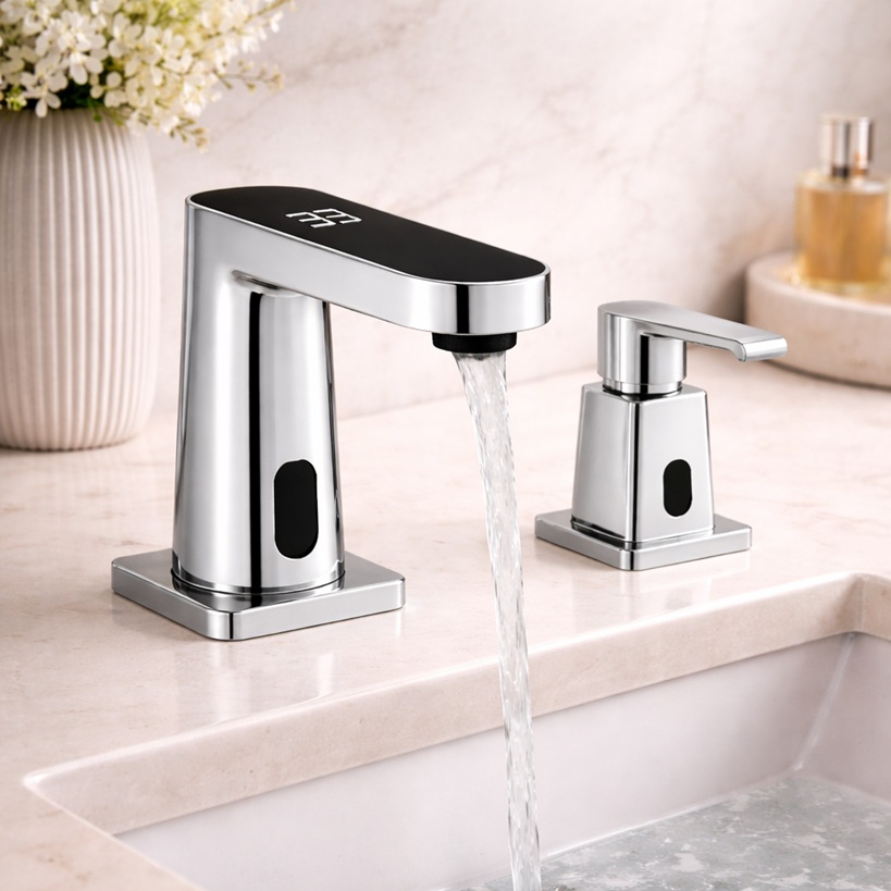 Luxury hotel bathroom vanity with sleek touchless Fontana faucet