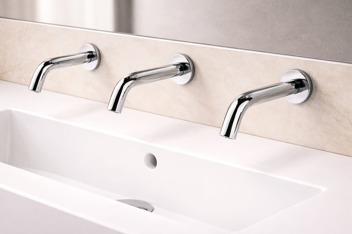 Transit hub sink counter with a row of touchless faucets designed for high-volume public use