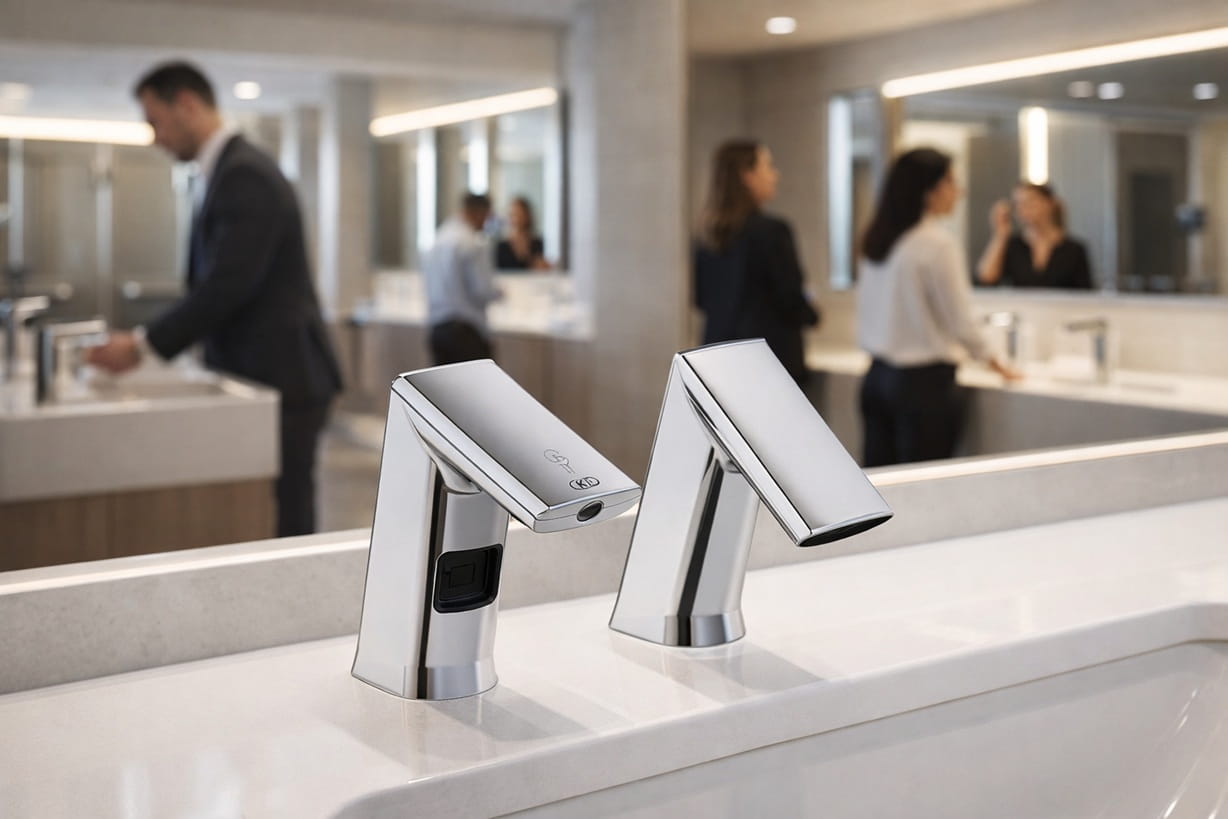 Contemporary office restroom featuring matching touchless faucet and soap dispenser design