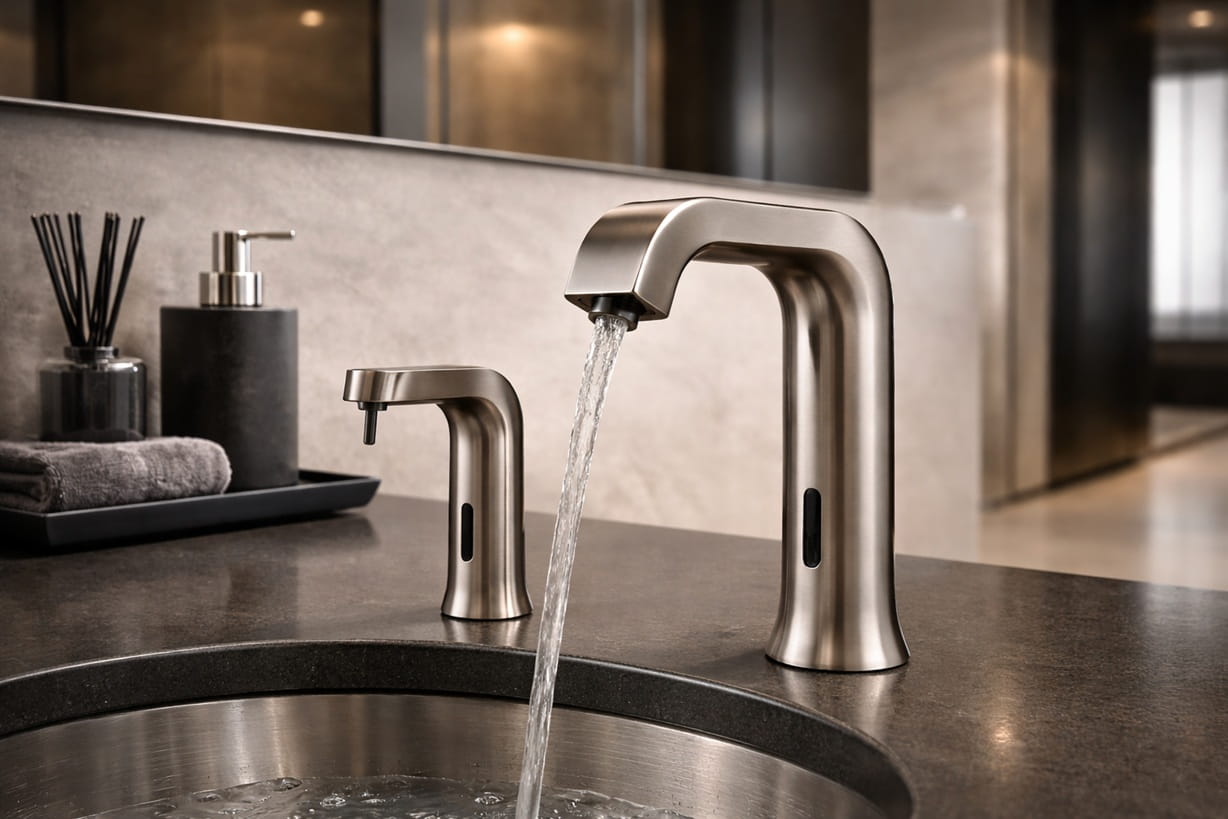 Stadium restroom interior showing fast-response commercial touchless sink systems