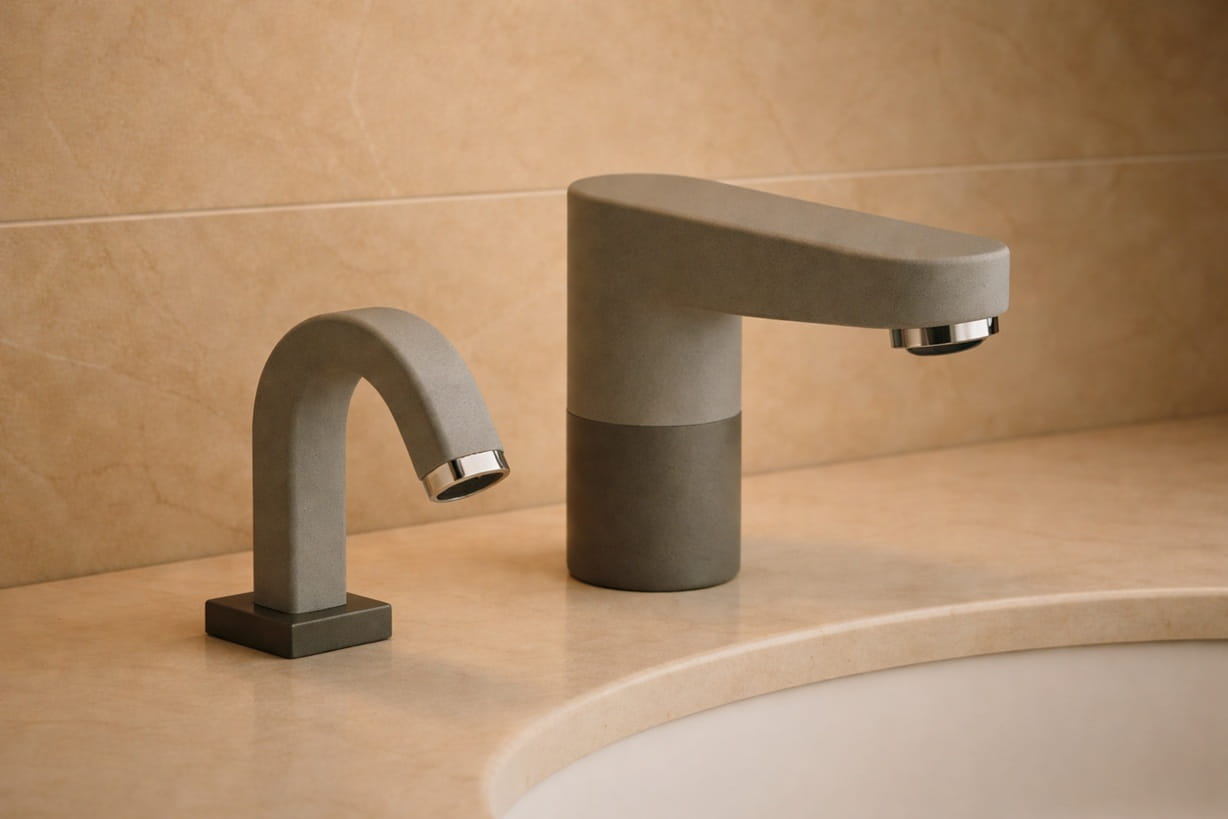 Civic facility washroom featuring vandal-resistant touchless plumbing hardware