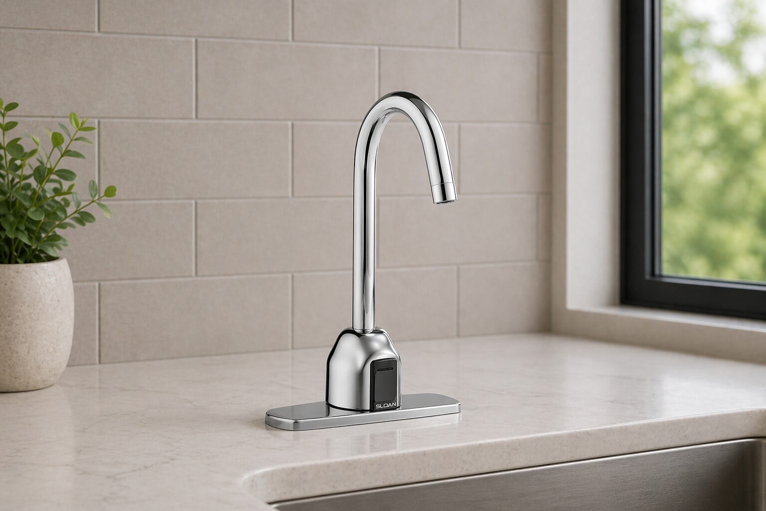 Sloan commercial touchless faucet in a public facility sink area