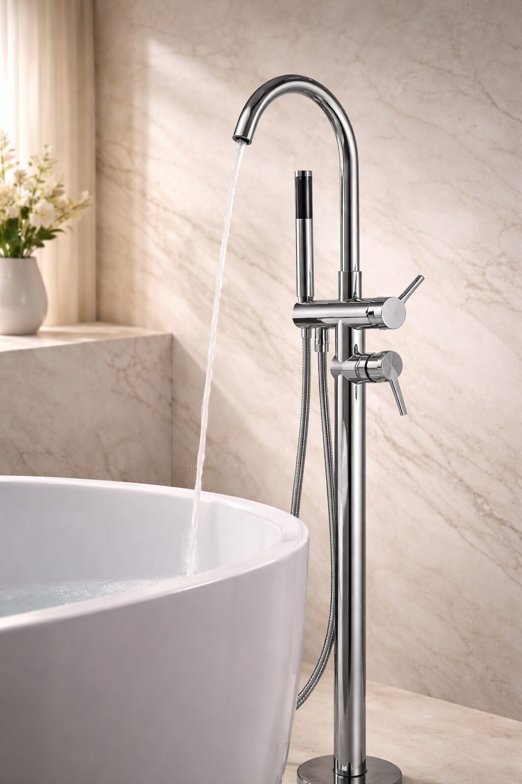 Freestanding bathtub faucet beside a modern standalone bathtub